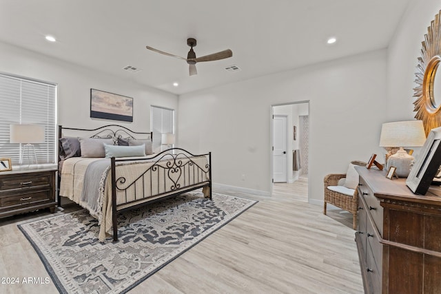 bedroom featuring ceiling fan and light wood-type flooring