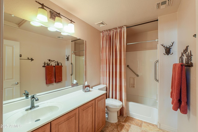 full bathroom with toilet, vanity, and shower / bathtub combination with curtain