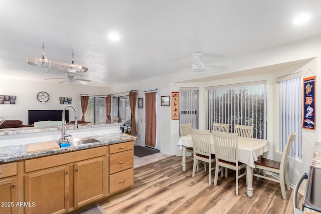 kitchen featuring light wood-style floors, light stone counters, open floor plan, and a ceiling fan