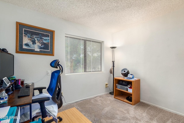 office space featuring a textured ceiling, carpet floors, and baseboards