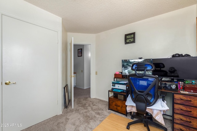 office featuring a textured ceiling, baseboards, and light colored carpet