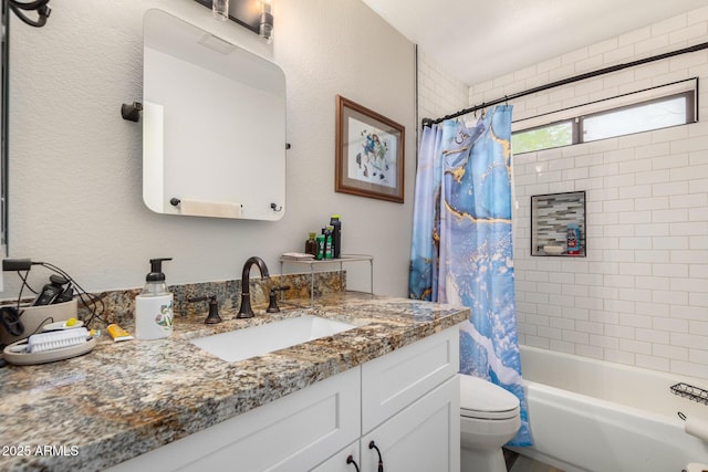 bathroom with toilet, shower / bath combo with shower curtain, and vanity