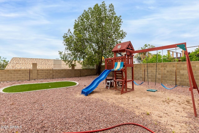 view of play area featuring a fenced backyard