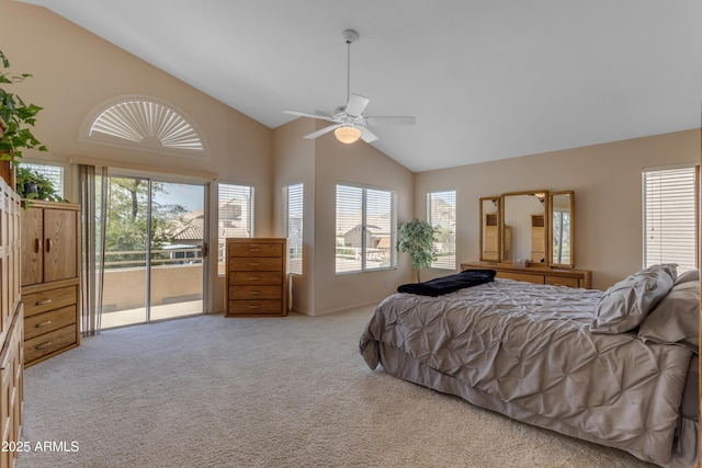 bedroom with carpet floors, high vaulted ceiling, a ceiling fan, and access to exterior