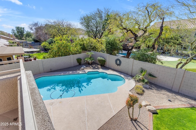 view of swimming pool with a fenced in pool and a fenced backyard