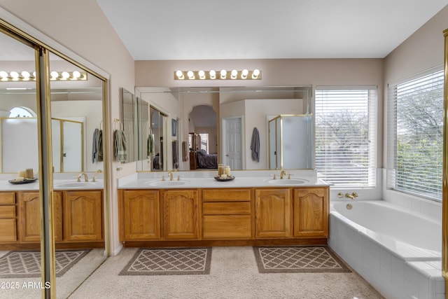 bathroom featuring plenty of natural light, a shower stall, and a sink