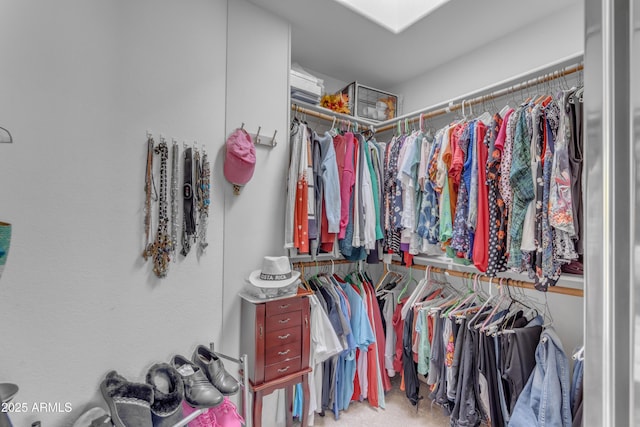 walk in closet with carpet floors and a skylight