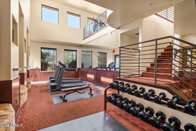 gym featuring carpet and a towering ceiling