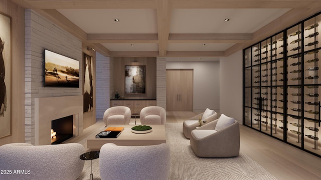 home theater room featuring coffered ceiling, beam ceiling, and hardwood / wood-style floors