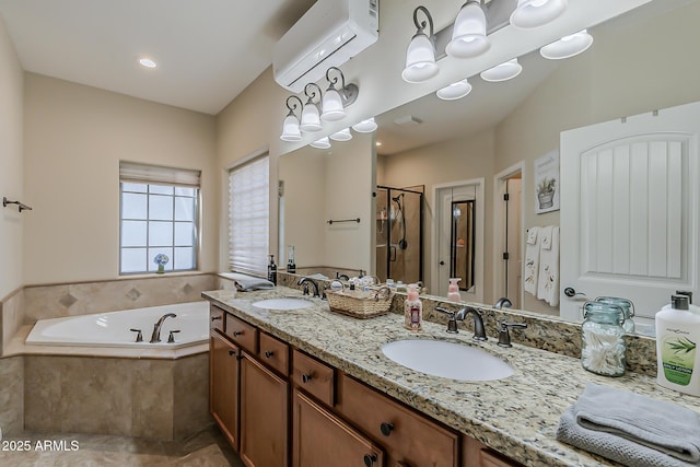 full bathroom with a garden tub, a stall shower, a wall mounted air conditioner, and a sink