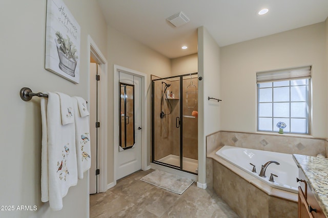 bathroom with a stall shower, visible vents, recessed lighting, and a bath