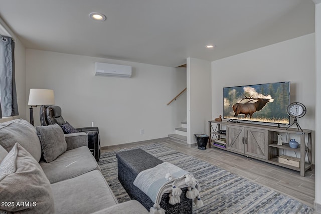 4090 N Cherri Lynn Dr, Pine, AZ 85544 - living room with a wall mounted air conditioner, stairs, recessed lighting, wood finish floors, and baseboards