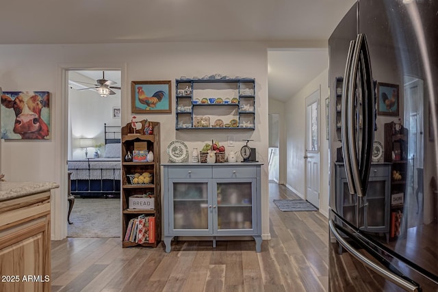 4090 N Cherri Lynn Dr, Pine, AZ 85544 - bar area with stainless steel fridge with ice dispenser, wood finished floors, a ceiling fan, and lofted ceiling
