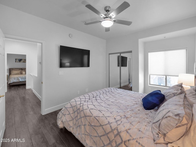 14000 N 94th St Unit 1008, Scottsdale, AZ 85260 - bedroom featuring dark wood finished floors, baseboards, ceiling fan, and a closet