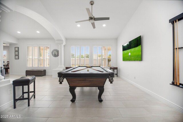 13629 N 71st Dr, Peoria, AZ 85381 - recreation room with recessed lighting, arched walkways, ceiling fan, and ornate columns