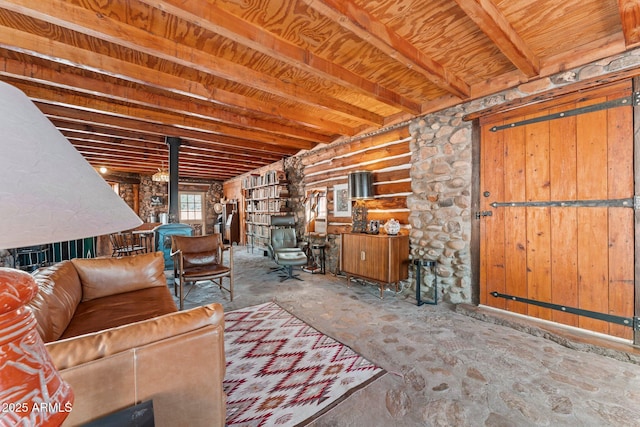 unfurnished living room with wood ceiling, log walls, beam ceiling, and a wood stove