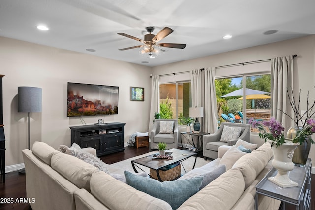 3766 E Ringtail Way, Phoenix, AZ 85050 - living room with ceiling fan, dark wood finished floors, and recessed lighting