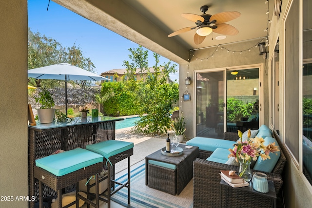 3766 E Ringtail Way, Phoenix, AZ 85050 - view of patio / terrace with ceiling fan, an outdoor living space, and an outdoor pool