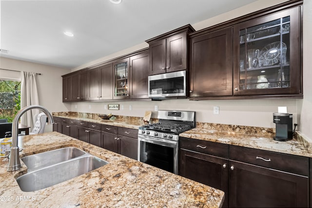 3766 E Ringtail Way, Phoenix, AZ 85050 - kitchen featuring stainless steel appliances, dark brown cabinetry, light stone countertops, and glass insert cabinets