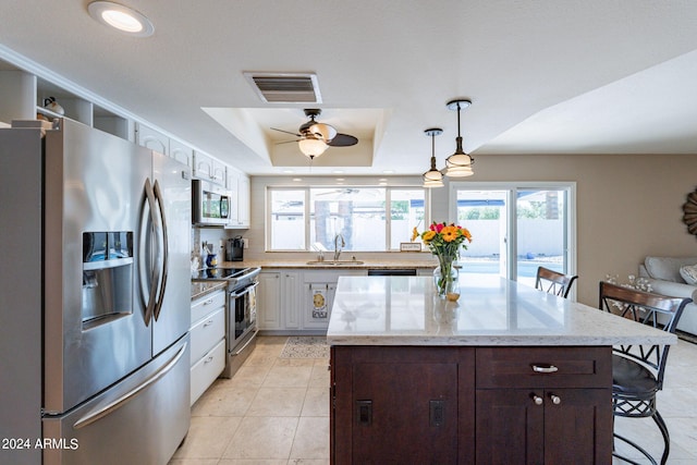 kitchen featuring a raised ceiling, sink, white cabinets, dark brown cabinetry, and stainless steel appliances