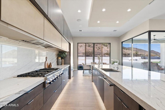 kitchen featuring light stone countertops, stainless steel appliances, light hardwood / wood-style floors, a mountain view, and sink