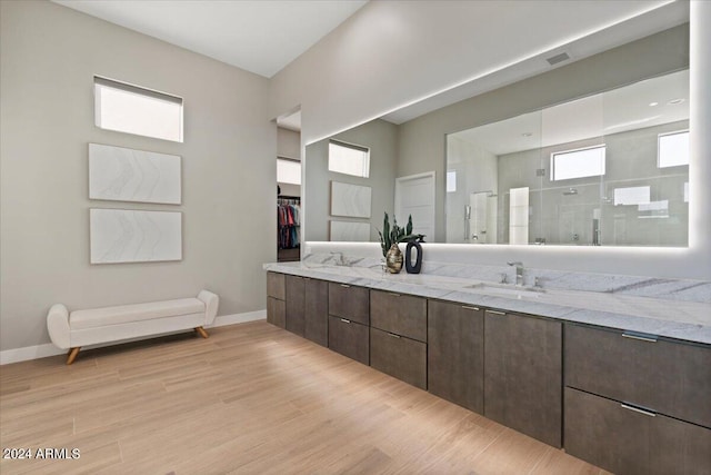 bathroom featuring vanity, hardwood / wood-style flooring, and a shower