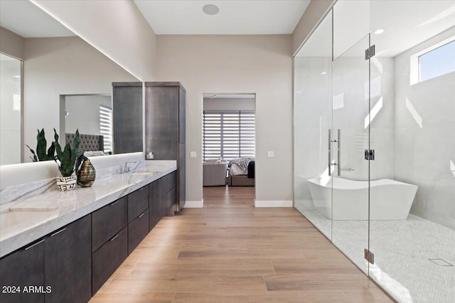 bathroom featuring vanity, shower with separate bathtub, and hardwood / wood-style flooring