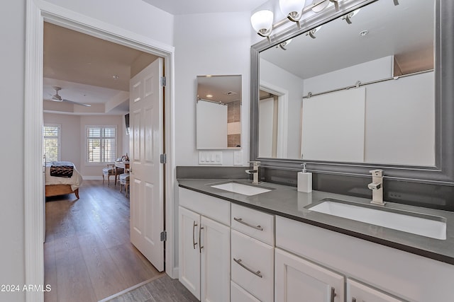 bathroom featuring wood-type flooring, vanity, and ceiling fan