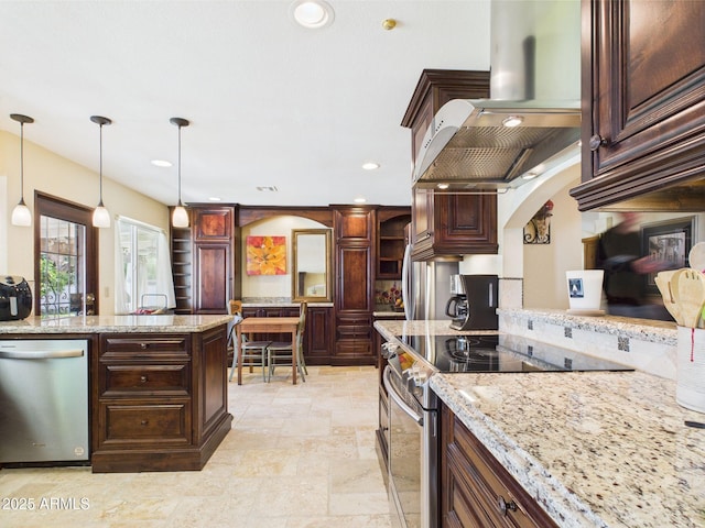 kitchen featuring appliances with stainless steel finishes, stone tile flooring, island exhaust hood, arched walkways, and pendant lighting