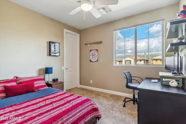 bedroom with carpet floors, a ceiling fan, visible vents, and baseboards