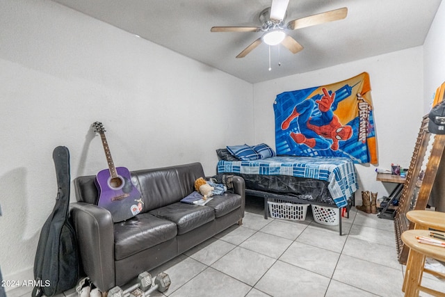 bedroom with tile patterned floors and a ceiling fan
