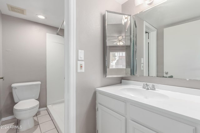 bathroom featuring a shower, tile patterned flooring, ceiling fan, toilet, and vanity