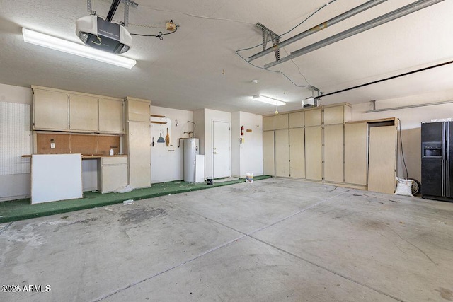 garage with water heater, black refrigerator with ice dispenser, and a garage door opener