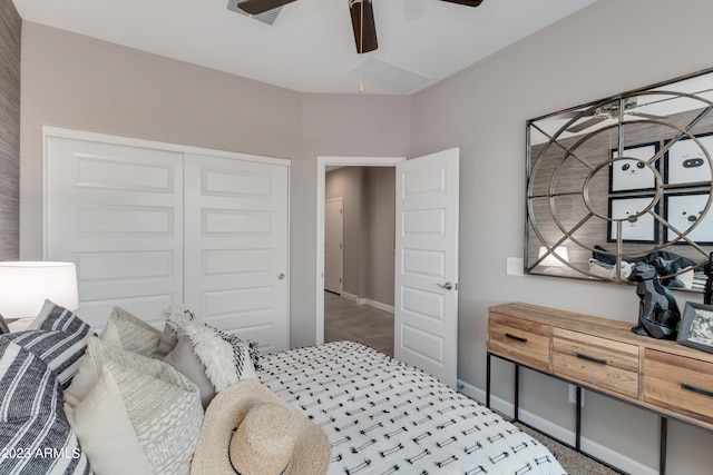 bedroom featuring ceiling fan and a closet