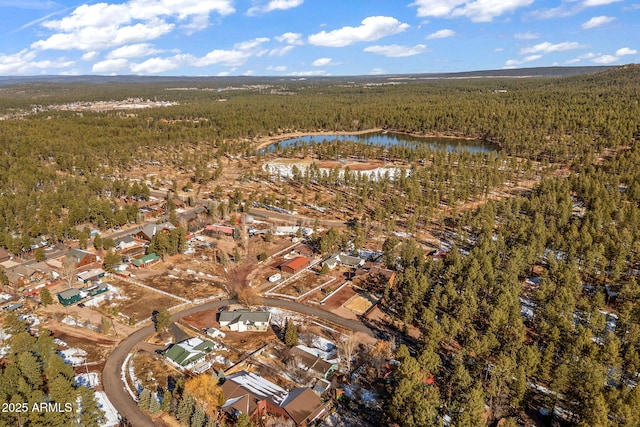 aerial view featuring a wooded view and a water view