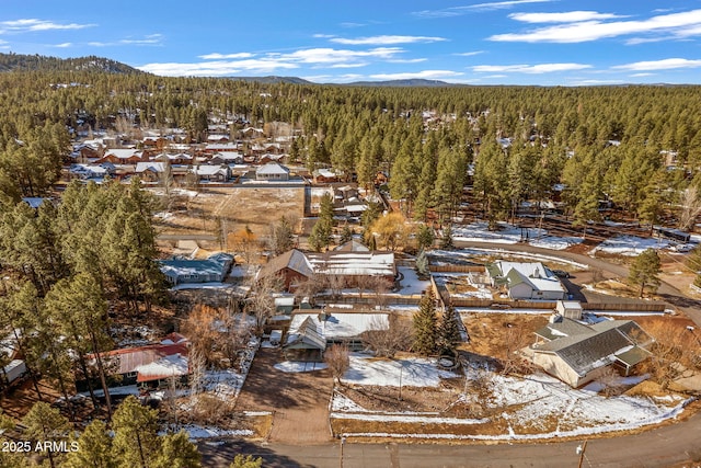 snowy aerial view with a mountain view and a view of trees