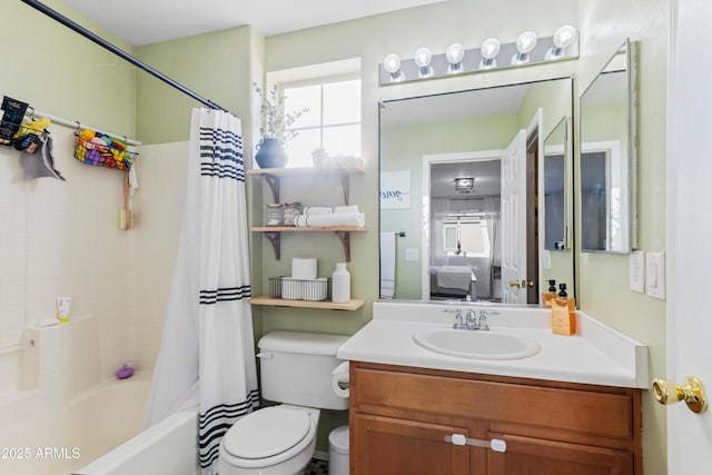 bathroom featuring vanity, ensuite bath, shower / tub combo, and toilet