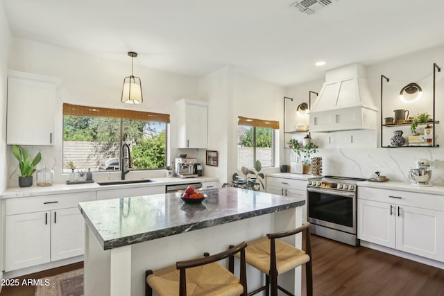 4525 N 66th St Unit 1, Scottsdale, AZ 85251 - kitchen with appliances with stainless steel finishes, custom range hood, open shelves, a breakfast bar, and backsplash