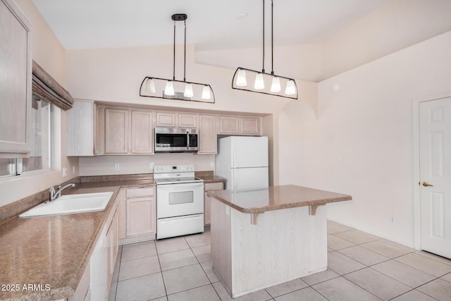 786 S Catalina St, Gilbert, AZ 85233 - kitchen with white appliances, a center island, light tile patterned floors, high vaulted ceiling, and pendant lighting
