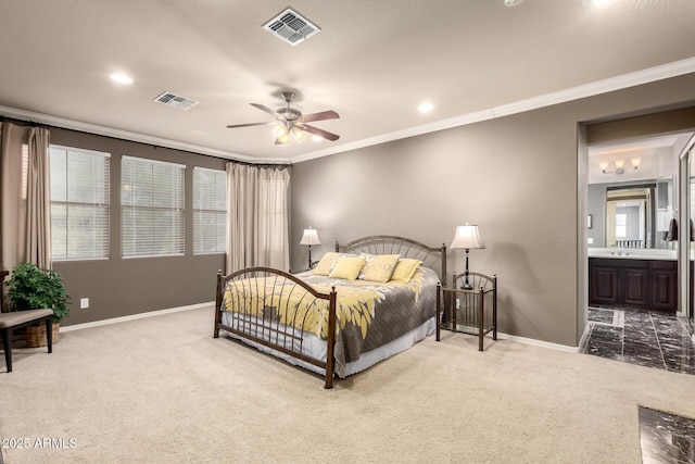 carpeted bedroom featuring baseboards, visible vents, and ornamental molding