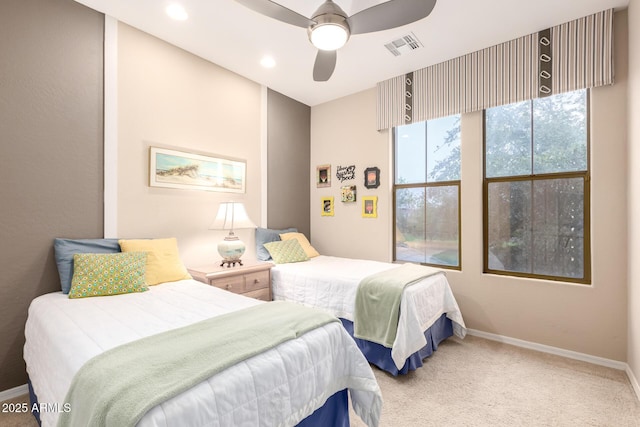 bedroom with baseboards, visible vents, recessed lighting, ceiling fan, and carpet flooring