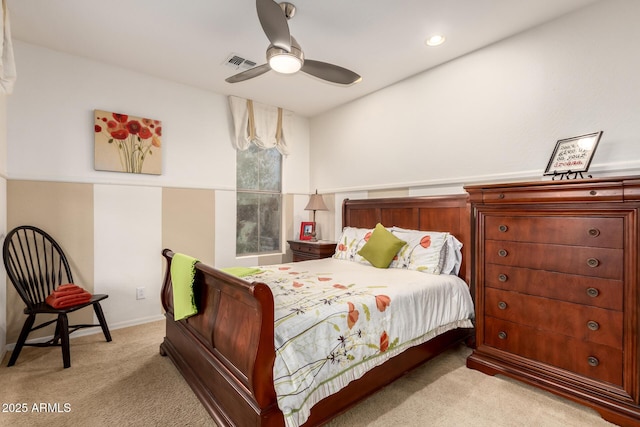 bedroom with light carpet, visible vents, recessed lighting, and ceiling fan