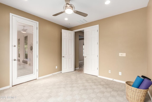 unfurnished room with recessed lighting, visible vents, baseboards, and ceiling fan