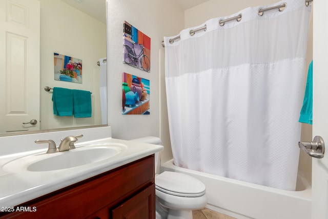 bathroom featuring vanity, toilet, shower / bathtub combination with curtain, and tile patterned flooring