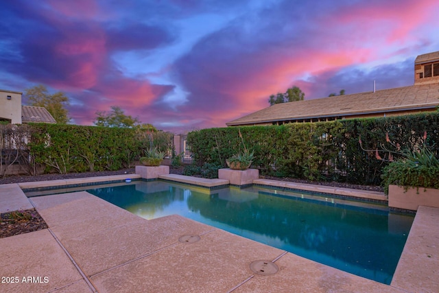 pool at dusk featuring a patio, a fenced backyard, and a fenced in pool