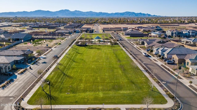 drone / aerial view featuring a mountain view and a residential view