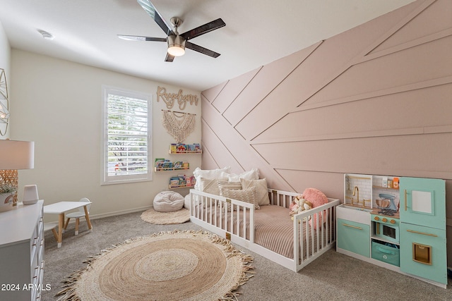 unfurnished bedroom with carpet and ceiling fan