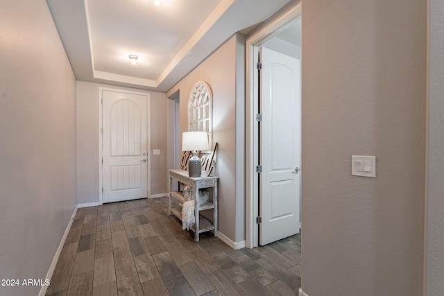 interior space featuring dark wood-type flooring and a raised ceiling