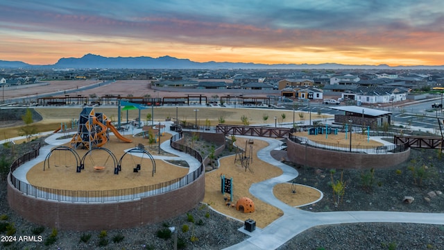 aerial view at dusk with a mountain view