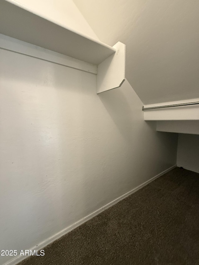 walk in closet with dark colored carpet and vaulted ceiling